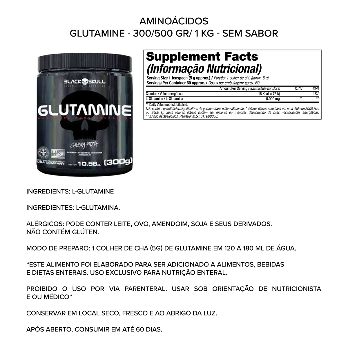 Glutamine Natural Pote 300g - Caveira Preta - Black Skull